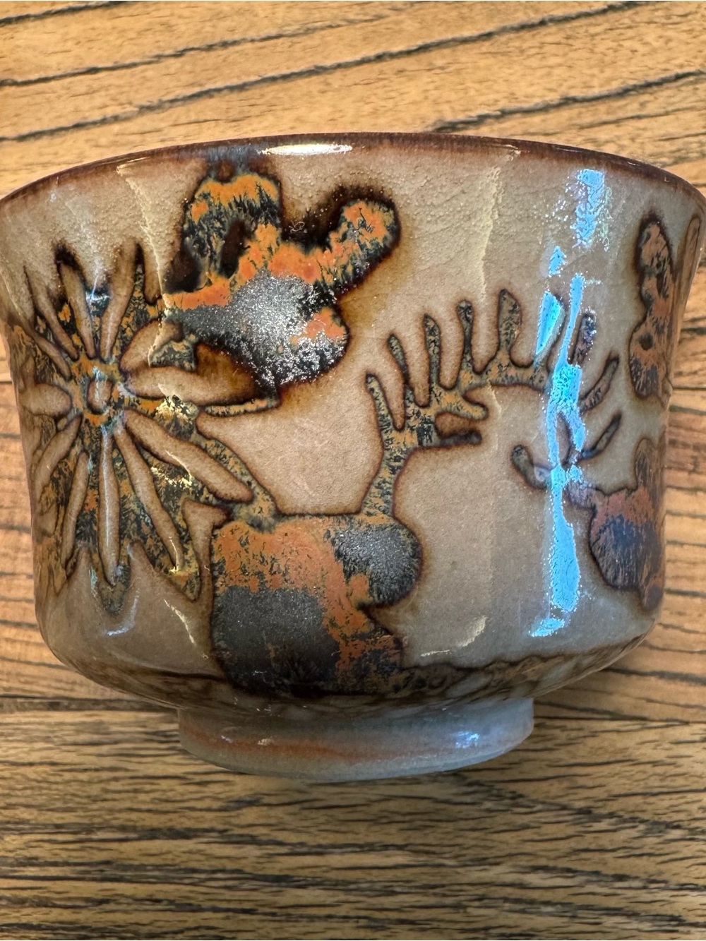 Vintage Japanese Sake Cup Ceramic Bowlwith Orange and Black Glaze